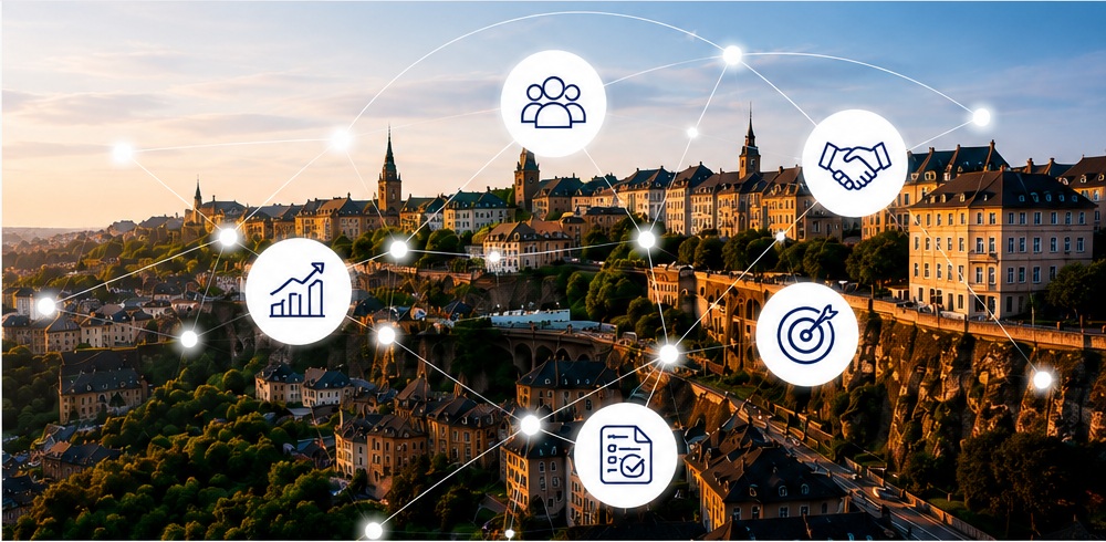 Ansicht von Luxemburg-Stadt mit einem Netz aus Verbindungspunkten
