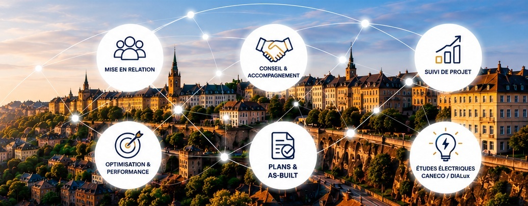 Vue de la ville de Luxembourg reliée par un réseau de points de connexion